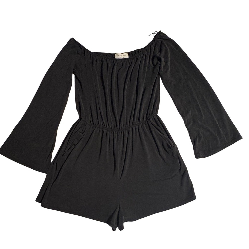 Soft Black Off The Shoulder Bell Sleeve Romper Shorts with Pockets Women S - Picture 10 of 10